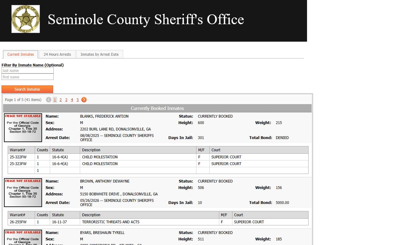 Seminole County jail roster current inmate search